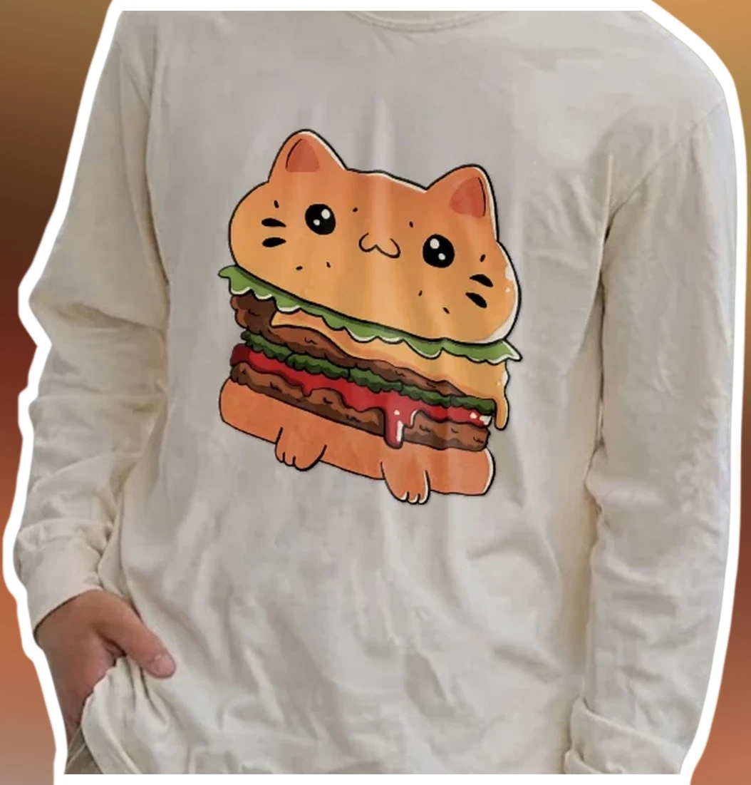 Cute Cat Burger Long Sleeve Tee Kawaii Cartoon Graphic Shirt — Los Angeles Cute Cat Burger Long Sleeve Tee Kawaii Cartoon Graphic Shirt for Cat Lovers available at our Los Angeles warehouse