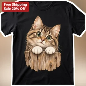 Cute Tabby Kitten Peeking Over Fence Tee Cat Lover Gift Realistic Animal Print Shirt available at our Los Angeles warehouse