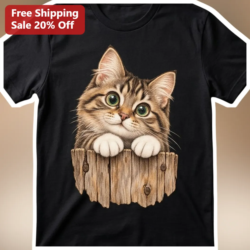 Cute Tabby Kitten Peeking Over Fence Tee Cat Lover Gift Real — Los Angeles Cute Tabby Kitten Peeking Over Fence Tee Cat Lover Gift Realistic Animal Print Shirt available at our Los Angeles warehouse