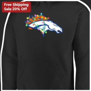 Denver Broncos Christmas Lights Hoodie NFL Fan Holiday Gift Black Pullover Sweatshirt available at our Los Angeles warehouse