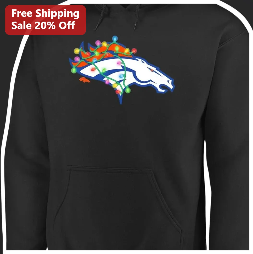 Denver Broncos Christmas Lights Hoodie NFL Fan Holiday Gift Black Pullover Sweatshirt available at our Los Angeles warehouse
