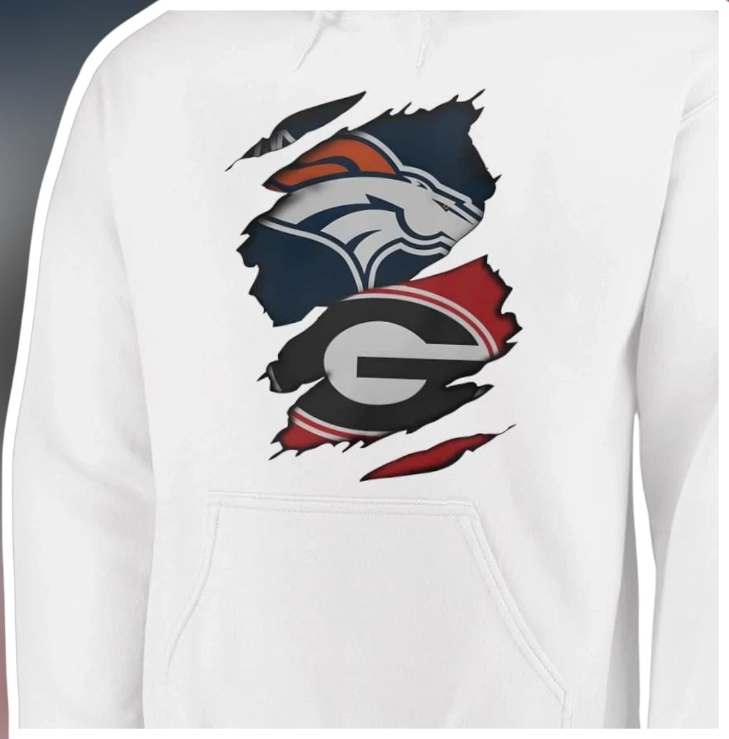 Denver Broncos vs Georgia Bulldogs Torn Paper Design Hoodie NFL College Football Fan Gift Apparel available at our Los Angeles warehouse