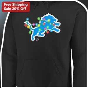 Detroit Lions Hoodie Christmas Lights Logo Graphic Pullover Black NFL Fan Gear Holiday Gift available at our Los Angeles warehouse