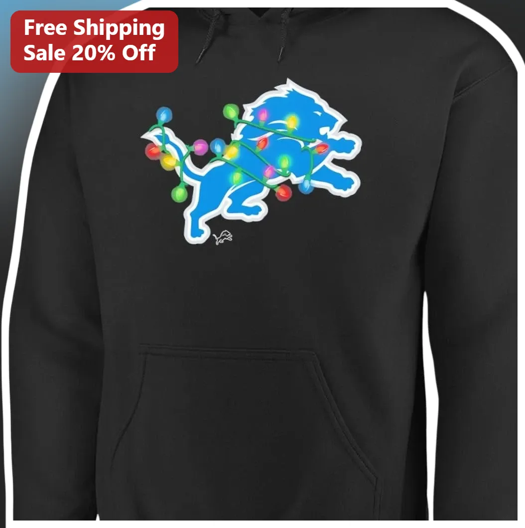 Detroit Lions Hoodie Christmas Lights Logo Graphic Pullover — Los Angeles Detroit Lions Hoodie Christmas Lights Logo Graphic Pullover Black NFL Fan Gear Holiday Gift available at our Los Angeles warehouse