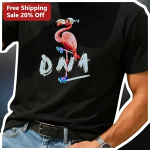 DNA Flamingo Roller Skate Graphic Tee Funny Retro Bird Shirt for Animal Lovers available at our Los Angeles warehouse