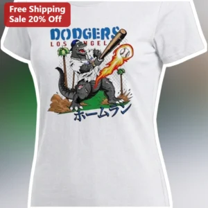 Dodgers Los Angeles Home Run Godzilla Tee Funny Baseball Monster Graphic Shirt for Women available at our Los Angeles warehouse