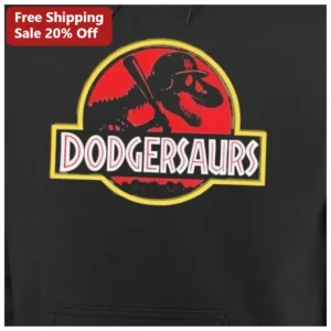 DODGERSAURS Hoodie Los Angeles Dodgers Dinosaur Parody Graphic Pullover for Baseball Fans available at our Los Angeles warehouse