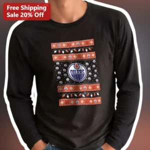 Edmonton Oilers Ugly Christmas Sweater Long Sleeve Tee Hockey Fan Gift available at our Los Angeles warehouse