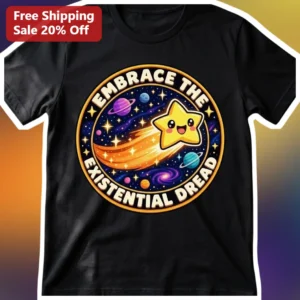 Embrace The Existential Dread Tee Funny Space Shooting Star Graphic Shirt for Introverts Dark Humor available at our Los Angeles warehouse