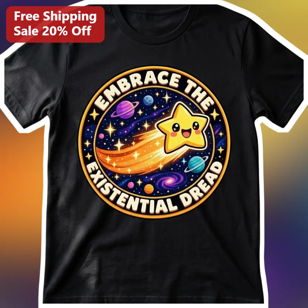 Embrace The Existential Dread Tee Funny Space Shooting Star — Los Angeles Embrace The Existential Dread Tee Funny Space Shooting Star Graphic Shirt for Introverts Dark Humor available at our Los Angeles warehouse