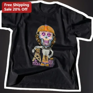 FC Tulsa Dia De Los Muertos Sugar Skull Firefighter Oil Rig Tee available at our Los Angeles warehouse