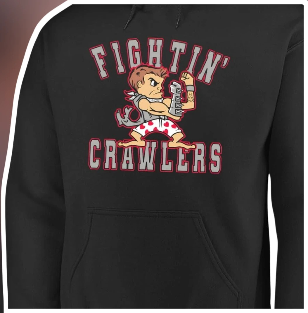 FIGHTIN' CRAWLERS Hoodie Funny Strong Baby Mascot Graphic Pu — Los Angeles FIGHTIN' CRAWLERS Hoodie Funny Strong Baby Mascot Graphic Pullover for New Dad Gift available at our Los Angeles warehouse