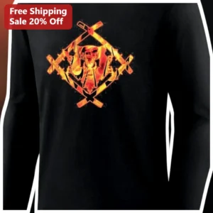 Flaming Skull Headphones Axes Graphic Long Sleeve Tee Gothic Rock Metal Merch available at our Los Angeles warehouse