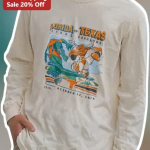 Florida Gators vs Texas Longhorns Vintage Mascot Football Rivalry Long Sleeve Tee available at our Los Angeles warehouse