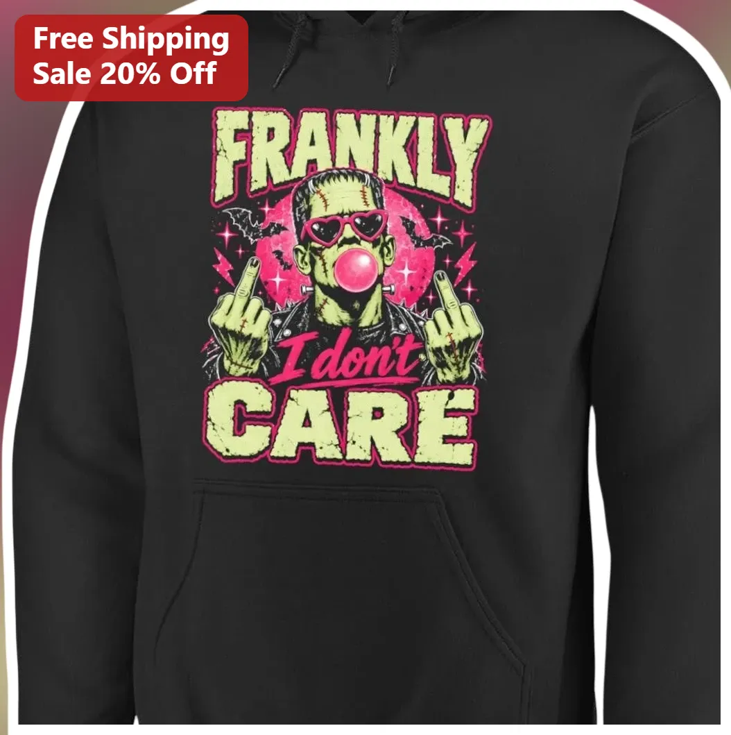 Frankly I Don't Care Hoodie Frankenstein Monster Retro Neon Horror Graphic Sweatshirt for Halloween available at our Los Angeles warehouse