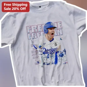 Freddie Freeman LA Dodgers Celebration Graphic Tee for Baseball Fans available at our Los Angeles warehouse