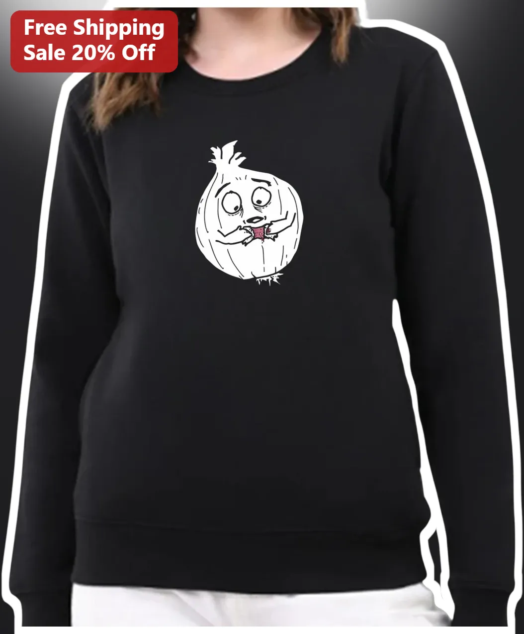 Funny Onion Character Sweatshirt Cute Cartoon Vegetable Gift for Foodies and Vegans available at our Los Angeles warehouse
