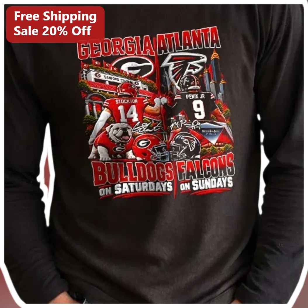 Georgia Atlanta Bulldogs On Saturdays Falcons On Sundays Lon — Los Angeles Georgia Atlanta Bulldogs On Saturdays Falcons On Sundays Long Sleeve Shirt available at our Los Angeles warehouse