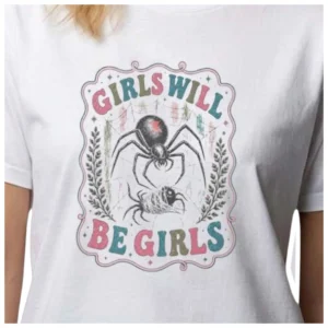 Girls Will Be Girls Black Widow Spider Graphic Tee Vintage Gothic Halloween Gift for Women available at our Los Angeles warehouse