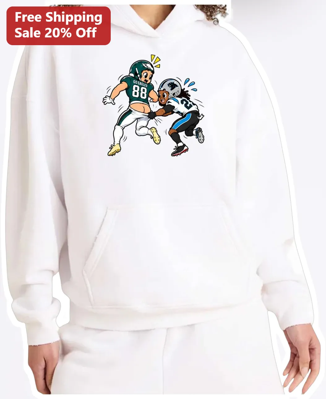 Go Eagles Philadelphia Eagles Fan Hoodie Cartoon Football Players NFL Game Day Apparel available at our Los Angeles warehouse