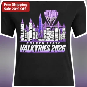 Golden State Valkyries 2026 Tee WNBA Fan Apparel San Francisco Skyline Roster Shirt available at our Los Angeles warehouse