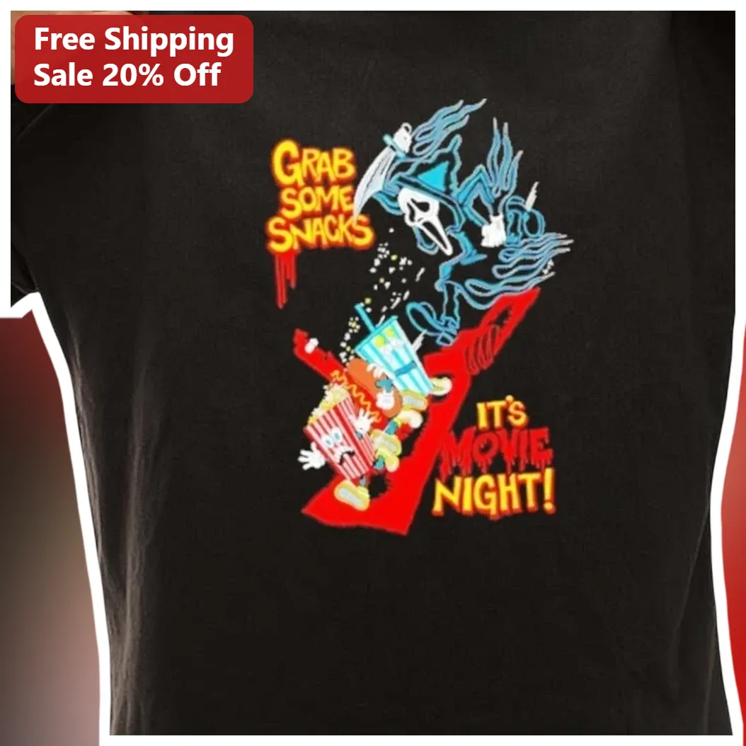 Grab Some Snacks It's Movie Night Grim Reaper Horror Tee Funny Halloween Gift for Men Women available at our Los Angeles warehouse