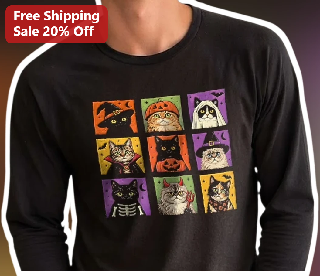 Halloween Cat Costumes Grid Tee Spooky Cute Graphic Shirt for Women Men Gift available at our Los Angeles warehouse