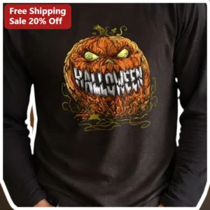 Halloween Long Sleeve Tee Scary Jack O Lantern Pumpkin Graphic Shirt Spooky Season Apparel for Men W available at our Los Angeles warehouse