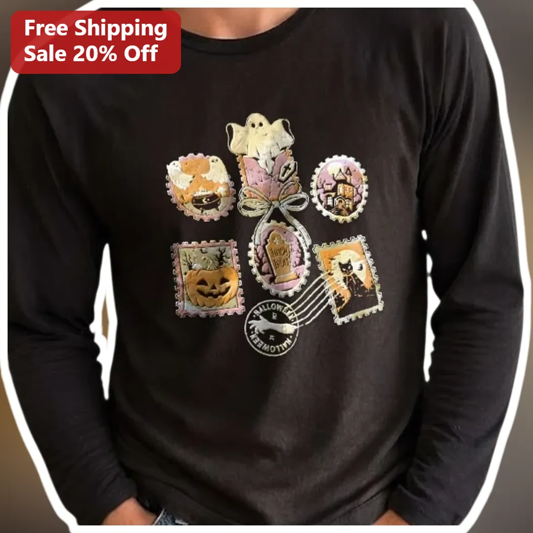 Halloween Long Sleeve Tee Vintage Spooky Stamp Design Graphic Shirt for Women Men available at our Los Angeles warehouse