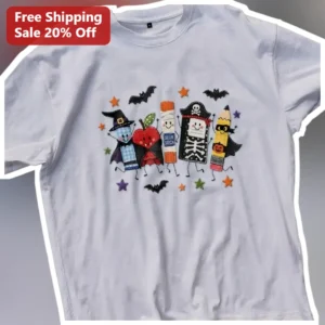 Halloween School Supplies Costumes Tee Cute Teacher Gift Spooky Pencil Eraser Apple Graphic Shirt available at our Los Angeles warehouse