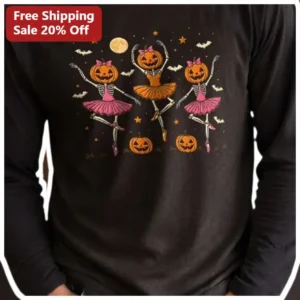 Halloween Skeleton Ballerina Long Sleeve Tee Spooky Cute Ballet Gift for Women available at our Los Angeles warehouse