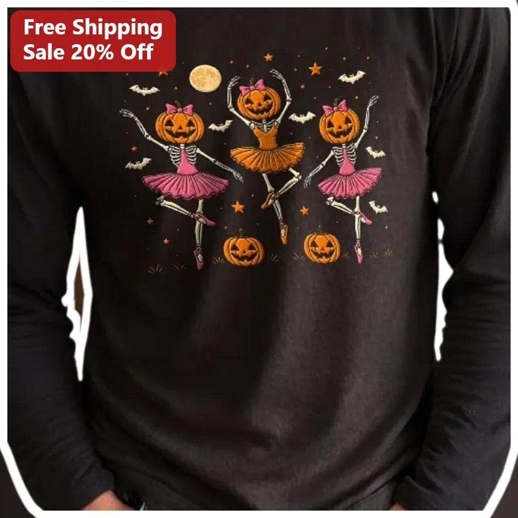 Halloween Skeleton Ballerina Long Sleeve Tee Spooky Cute Ballet Gift for Women available at our Los Angeles warehouse