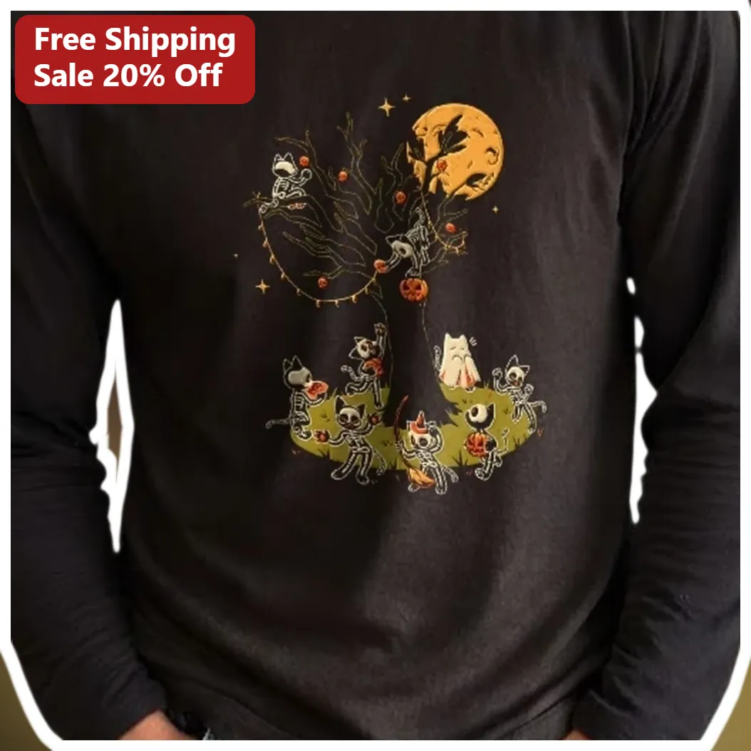 Halloween Skeleton Cats Tree Moon Long Sleeve Shirt Cute Spo — Los Angeles Halloween Skeleton Cats Tree Moon Long Sleeve Shirt Cute Spooky Cat Lover Gift available at our Los Angeles warehouse