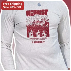 Harvest The Huskers Indiana Football vs Nebraska Hoosiers Long Sleeve Tee available at our Los Angeles warehouse