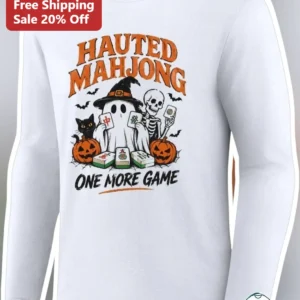 Hauted Mahjong One More Game Long Sleeve Tee Halloween Ghost Skeleton Cat Gift available at our Los Angeles warehouse