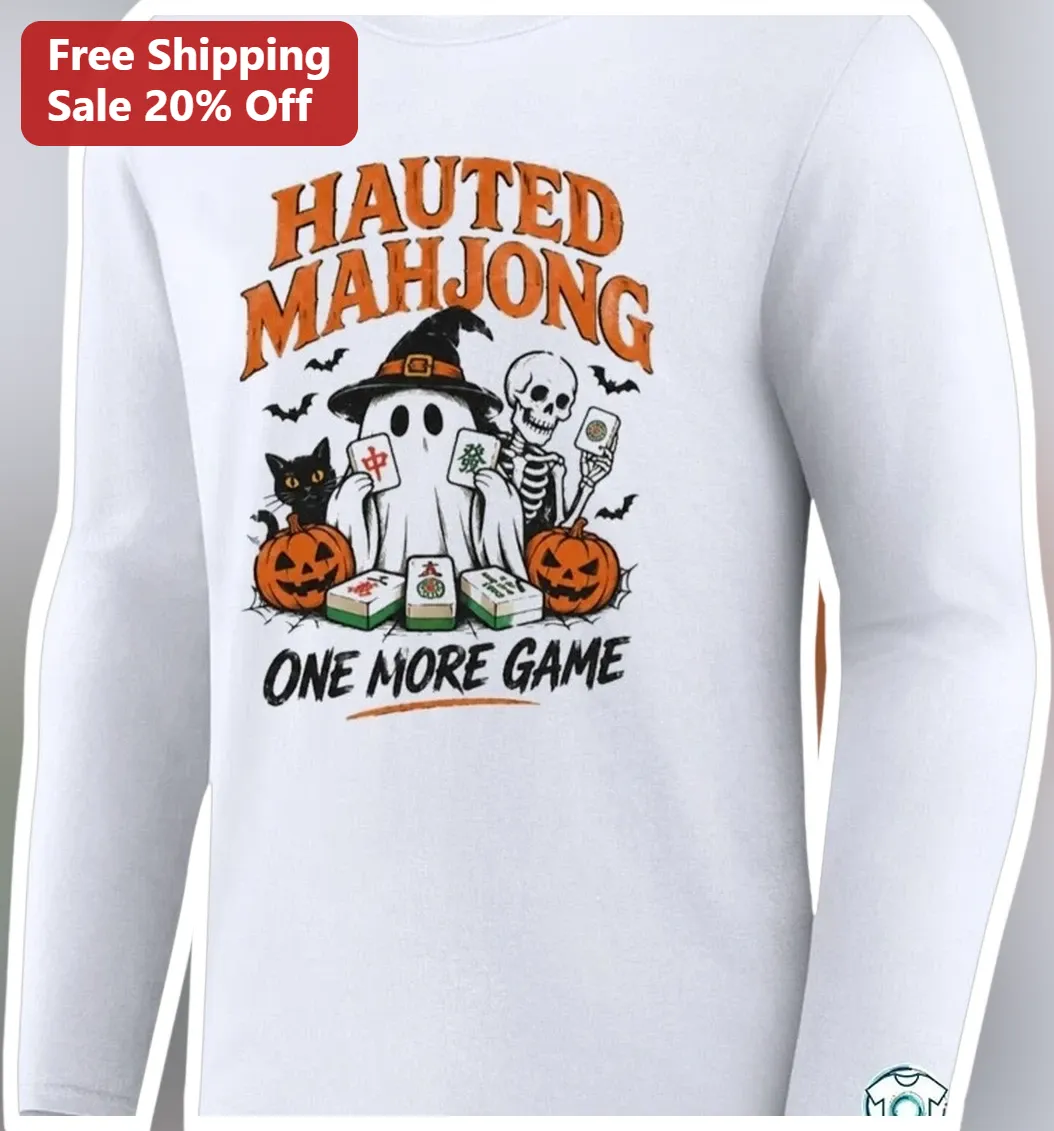 Hauted Mahjong One More Game Long Sleeve Tee Halloween Ghost Skeleton Cat Gift available at our Los Angeles warehouse