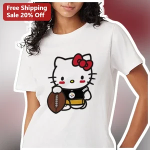 Hello Kitty Steelers Football Jersey Graphic Tee for Women Sanrio NFL Fan Gift available at our Los Angeles warehouse