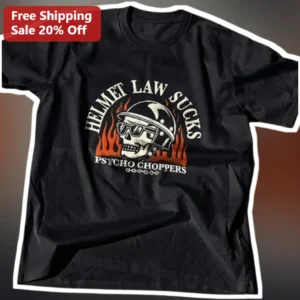 Helmet Law Sucks Psycho Choppers Biker Skull Flame Graphic Tee available at our Los Angeles warehouse