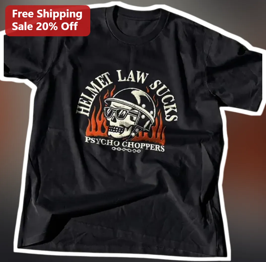 Helmet Law Sucks Psycho Choppers Biker Skull Flame Graphic Tee available at our Los Angeles warehouse