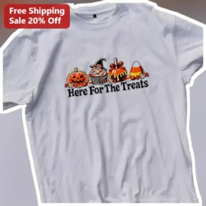 Here For The Treats Halloween Tee Funny Spooky Cute Graphic Shirt Gift for Cat Lovers available at our Los Angeles warehouse