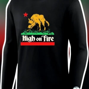 High on Fire Long Sleeve Tee Heavy Metal Band Merch Wolf Flag Parody Shirt available at our Los Angeles warehouse