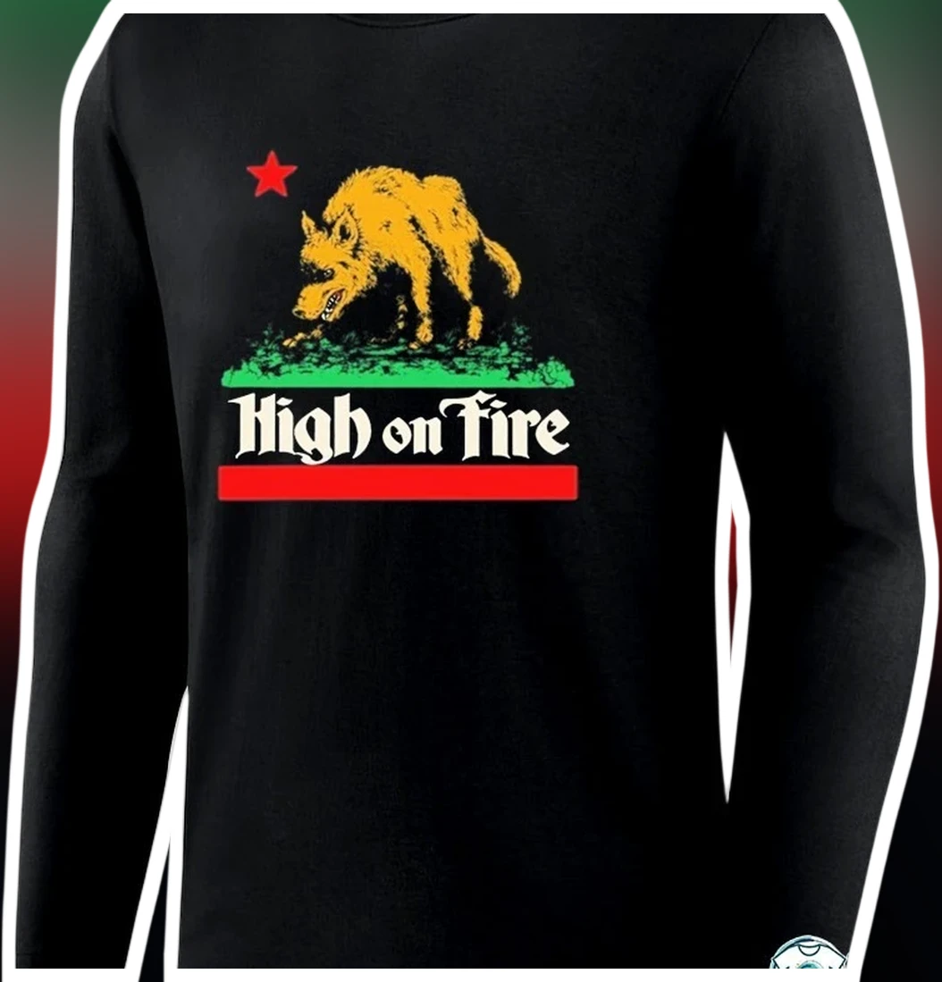 High on Fire Long Sleeve Tee Heavy Metal Band Merch Wolf Fla — Los Angeles High on Fire Long Sleeve Tee Heavy Metal Band Merch Wolf Flag Parody Shirt available at our Los Angeles warehouse