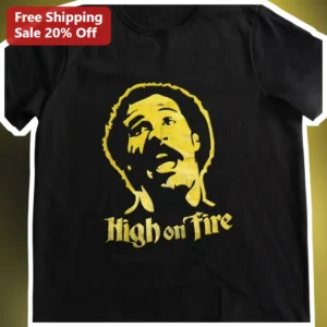 High on Fire Tee Jesus Christ Stencil Graphic Shirt Vintage Rock Merch available at our Los Angeles warehouse