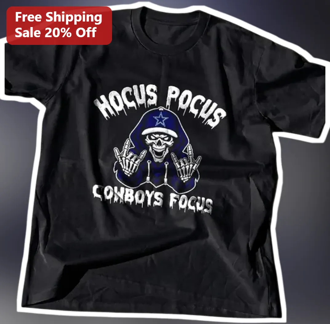 Hocus Pocus Cowboys Focus Tee Dallas Cowboys Halloween Skeleton Graphic Shirt for Men Women available at our Los Angeles warehouse