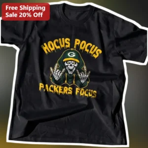 Hocus Pocus Packers Focus Tee Green Bay Halloween Skeleton Shirt available at our Los Angeles warehouse