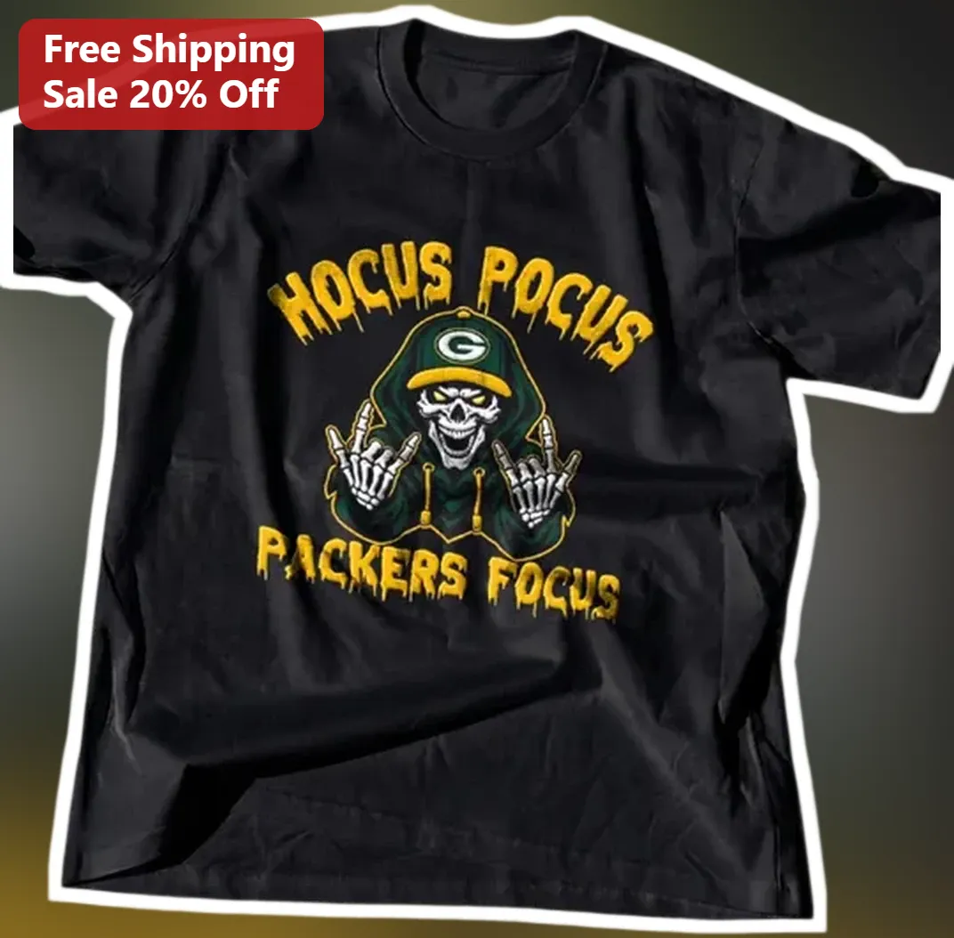 Hocus Pocus Packers Focus Tee Green Bay Halloween Skeleton Shirt available at our Los Angeles warehouse