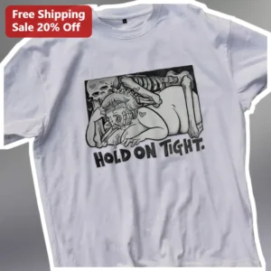 Hold On Tight. Horror Zombie Skeleton Hug Graphic Tee for Men Women available at our Los Angeles warehouse