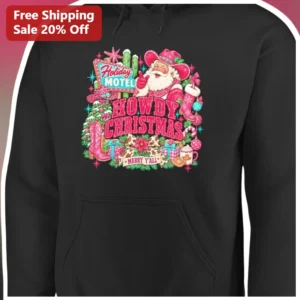 Holiday MOTEL Howdy Christmas Merry Y'all Hoodie Western Santa Claus Graphic Sweatshirt available at our Los Angeles warehouse