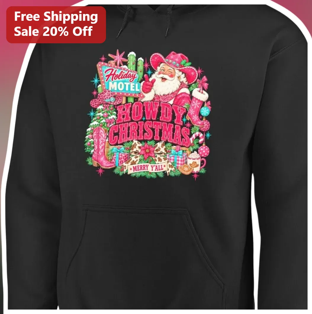 Holiday MOTEL Howdy Christmas Merry Y'all Hoodie Western Santa Claus Graphic Sweatshirt available at our Los Angeles warehouse