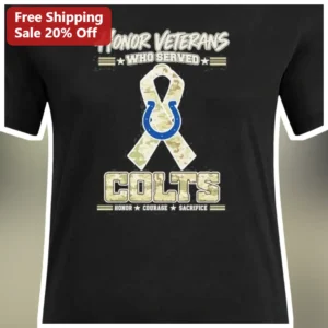 Honor Veterans Who Served Colts Courage Sacrifice Camo Ribbon Graphic Tee for NFL Fans available at our Los Angeles warehouse